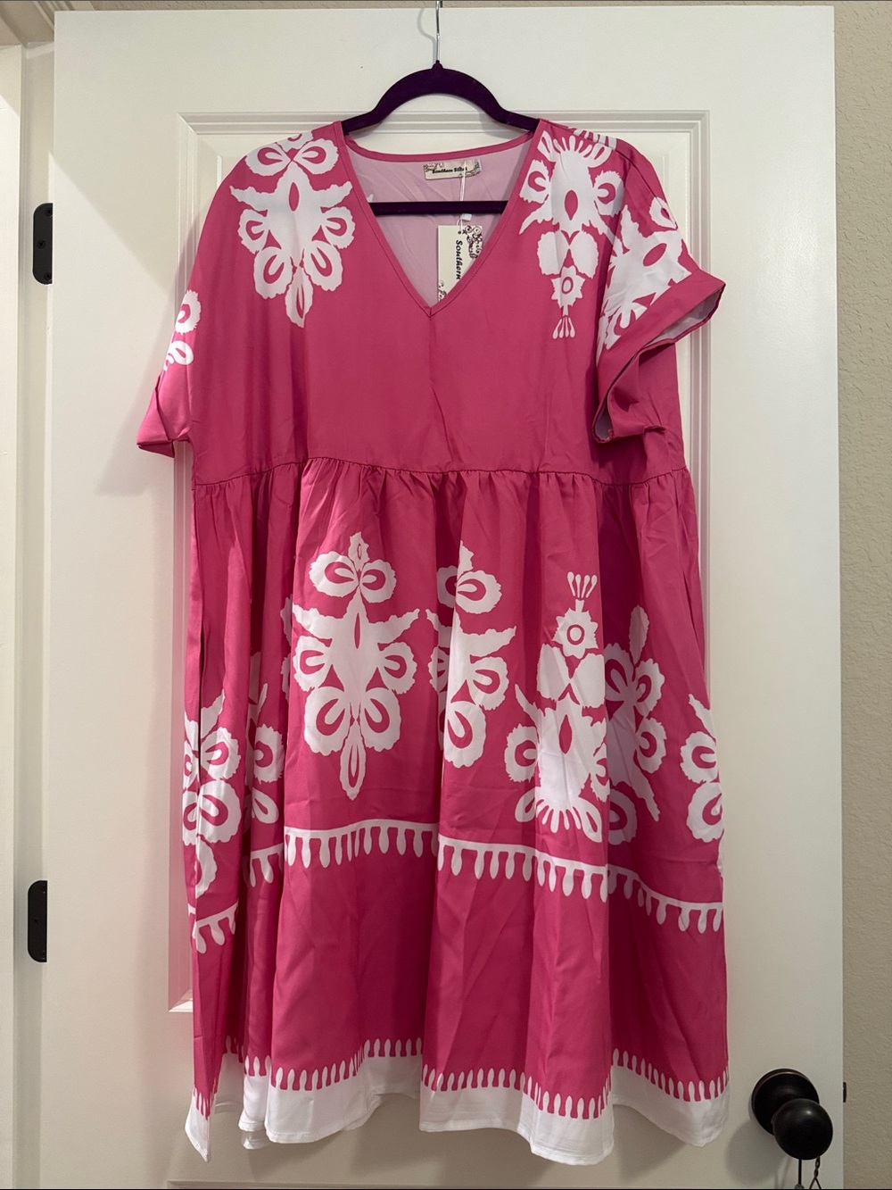 Bright Pink Midi Dress with White Floral Embroidery